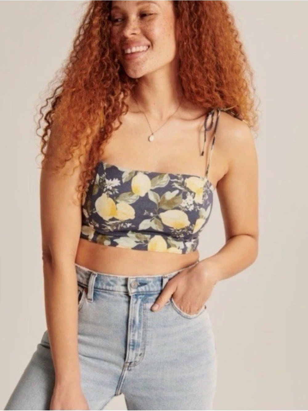 Abercrombie & Fitch Size Medium Blue Linen-Blend Crop Top Lemon Print Boho